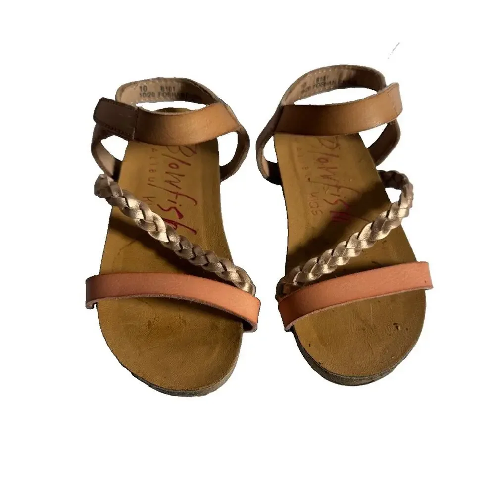 Blowfish Malibu Girls Size 10 Strappy Sandals Tan Coral Gold Braided
